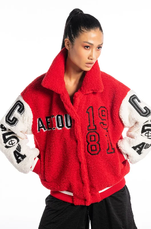 trendy women's coatsSOLO BEAR TEDDY VARSITY JACKET