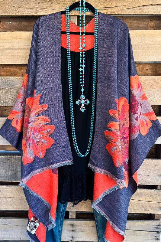 women's tops for layeringHappy As Always Poncho - Denim/Orange