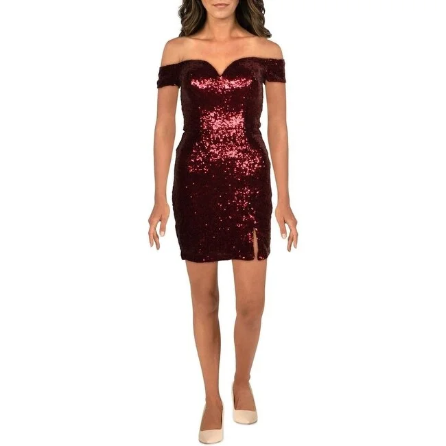 women's floral dressesB Darlin Junior's Off The Shoulder Sequined Bodycon Dress Red Size 9