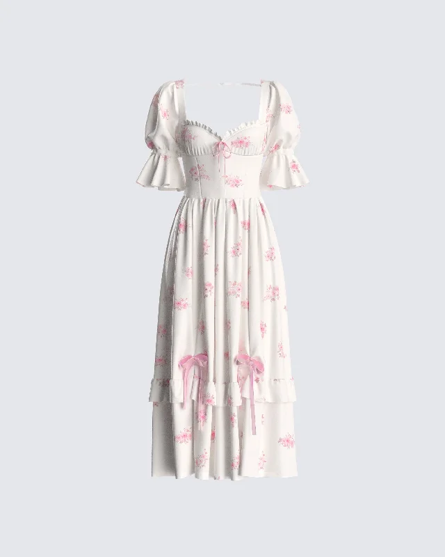 Solid Color DressLina Ivory Floral Midi Dress