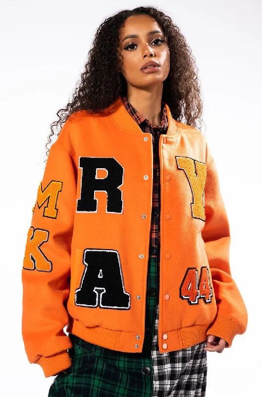 women's coats for special occasions and everyday eleganceORANGE YOU HAPPY VARSITY BOMBER