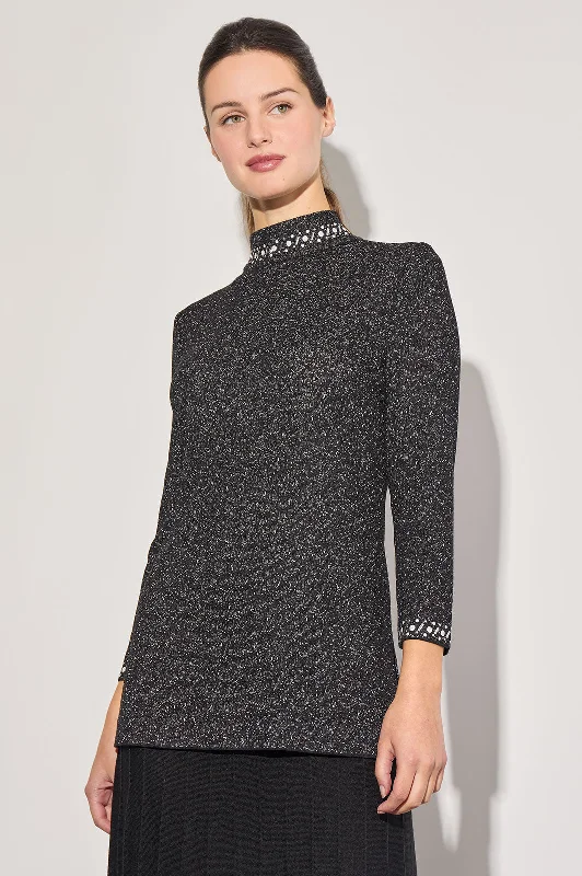 women's tops for those who want to stay warm and stylish during colder weatherShimmer Knit Embellished Mock Neck Tunic