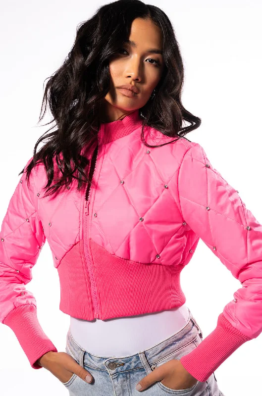 women's coats with adjustable sleevesBIPIDI NEON PUFFER BOMBER WITH RHINESTONES