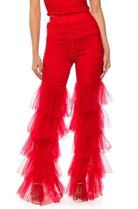 SAMMIE CINCHED MESH FLARE LEG PANT IN RED