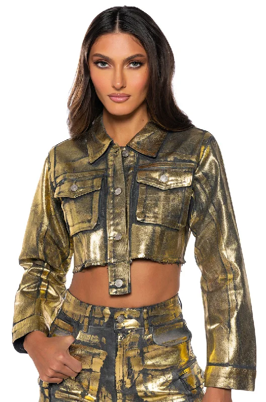 AUBREY BRUSHED METALLIC CROPPED DENIM JACKET