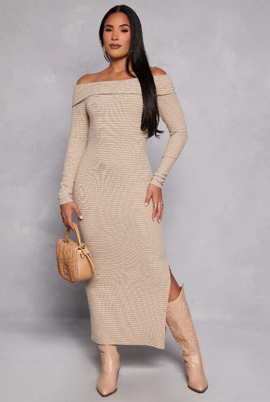 Flowy DressAlmost Famous Striped Off the Shoulder Maxi Dress