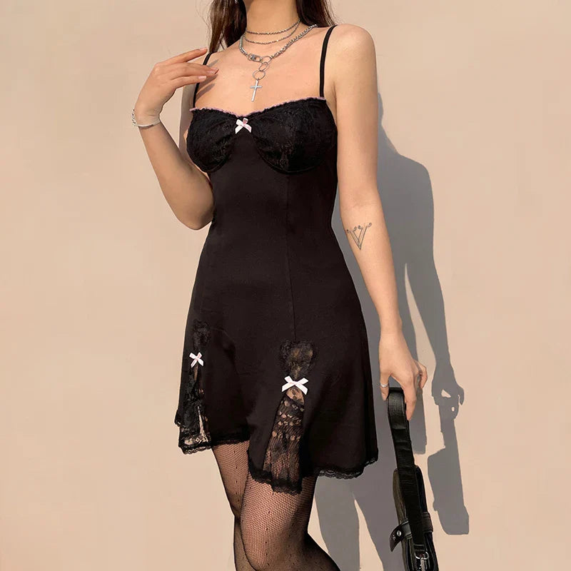 Halter DressBlack Gothic Lolita Style Lace Trim Sleeveless V Neck Bow Y2K Grunge Mini A-Line Dress