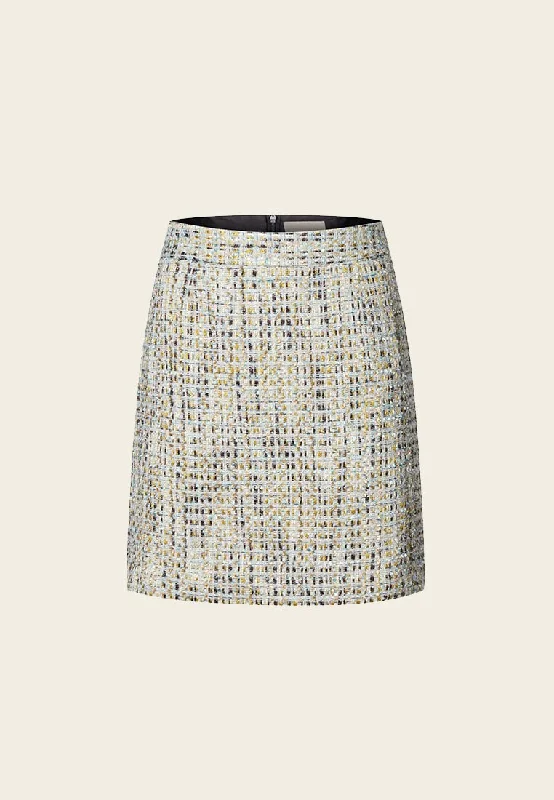 women's knitted mini skirts for casual wearEarth Tone Blue And Gold Detailing Tweed Skirt