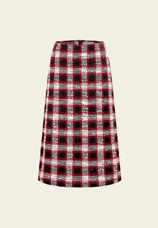 women's timeless satin skirtsRed Plaid Tweed Midi Skirt