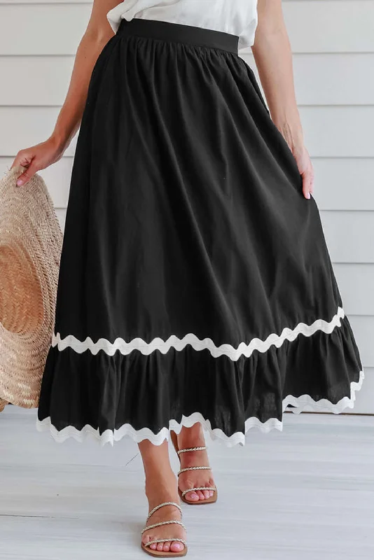 women's striped skirtsBlack Ricrac Trim Colorblock High Waist Long Skirt