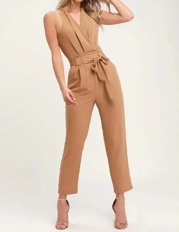 women's striped pantsHalter Neck Belted Jumpsuit In Camel