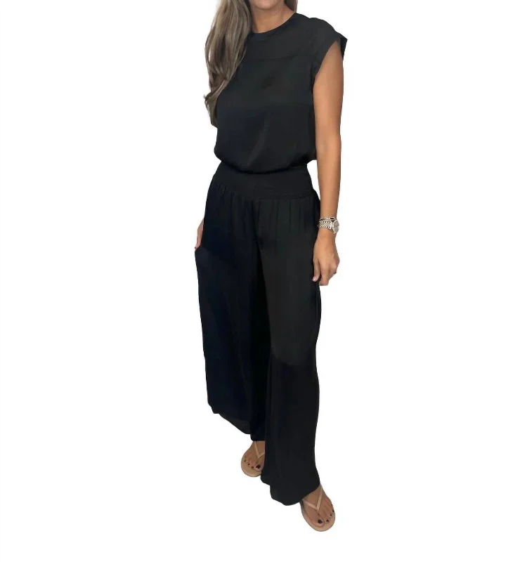 women's winter pantsSmocked Waist Satin Wide Leg Pants In Black