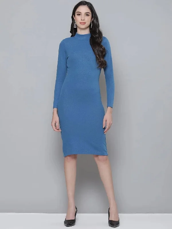 Plunging Neckline DressBlue Rib Turtle Neck Zipped Bodycon Dress