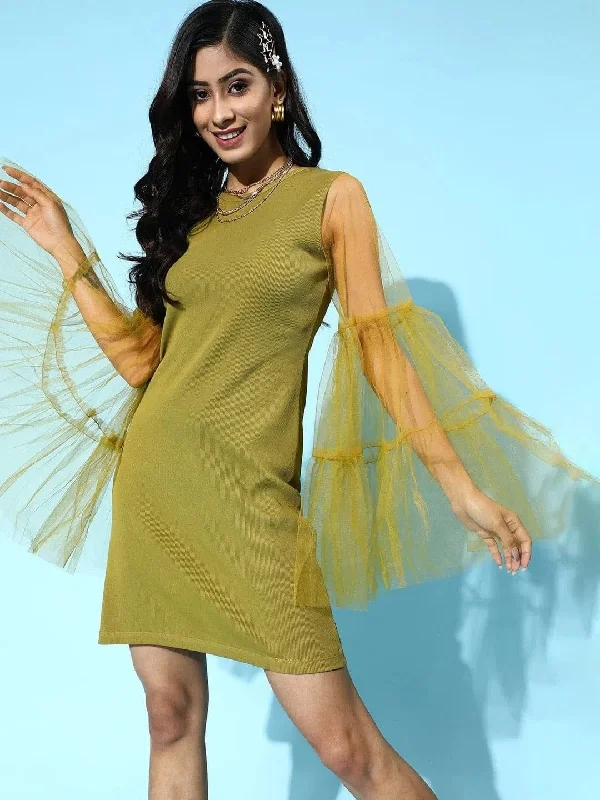 Laced DressGreen Tulle Flare Sleeve Bodycon Dress