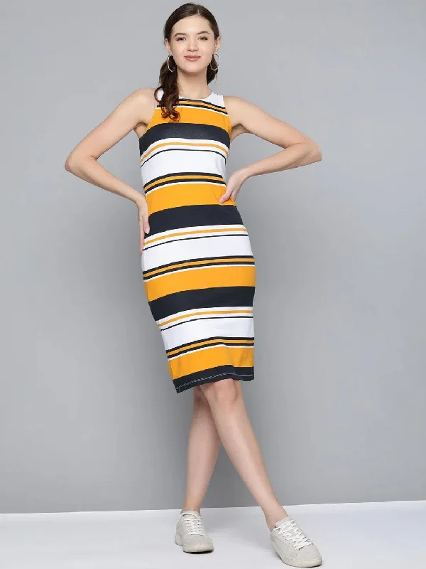 women's mini dressesMustard & White Stripes Back Slit Bodycon