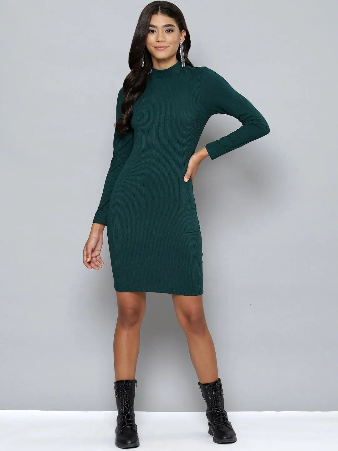 High-Neck DressWomen Emerald Rib High Neck Short Bodycon Dress