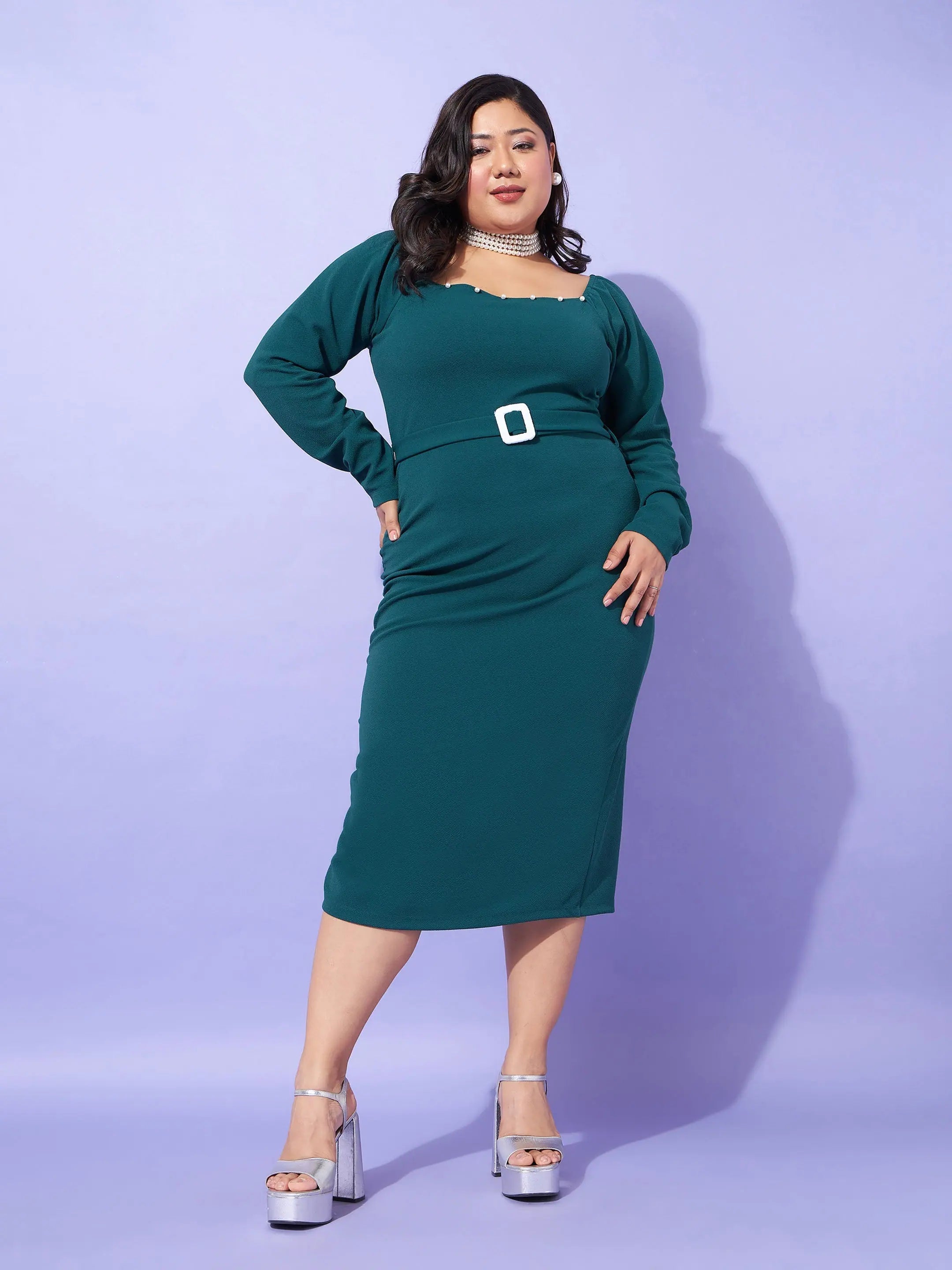 Ball Gown DressWomen Emerald Solid Square Neck Bodycon Dress