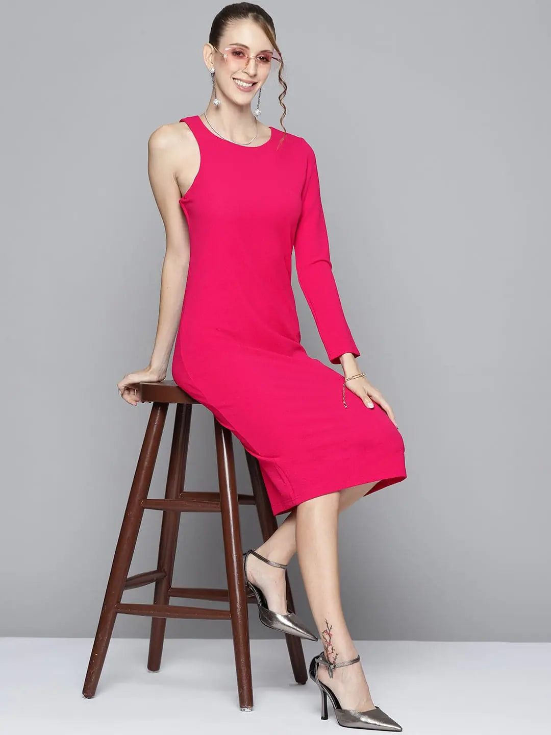 Cut-Out DressWomen Fuchsia One Side Sleeve Bodycon Dress