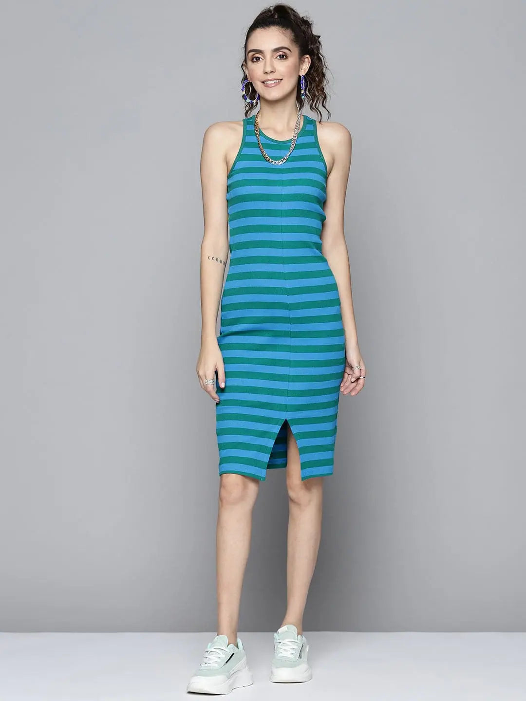 women's one-shoulder dressesWomen Green & Blue Rib Box Back Bodycon Dress