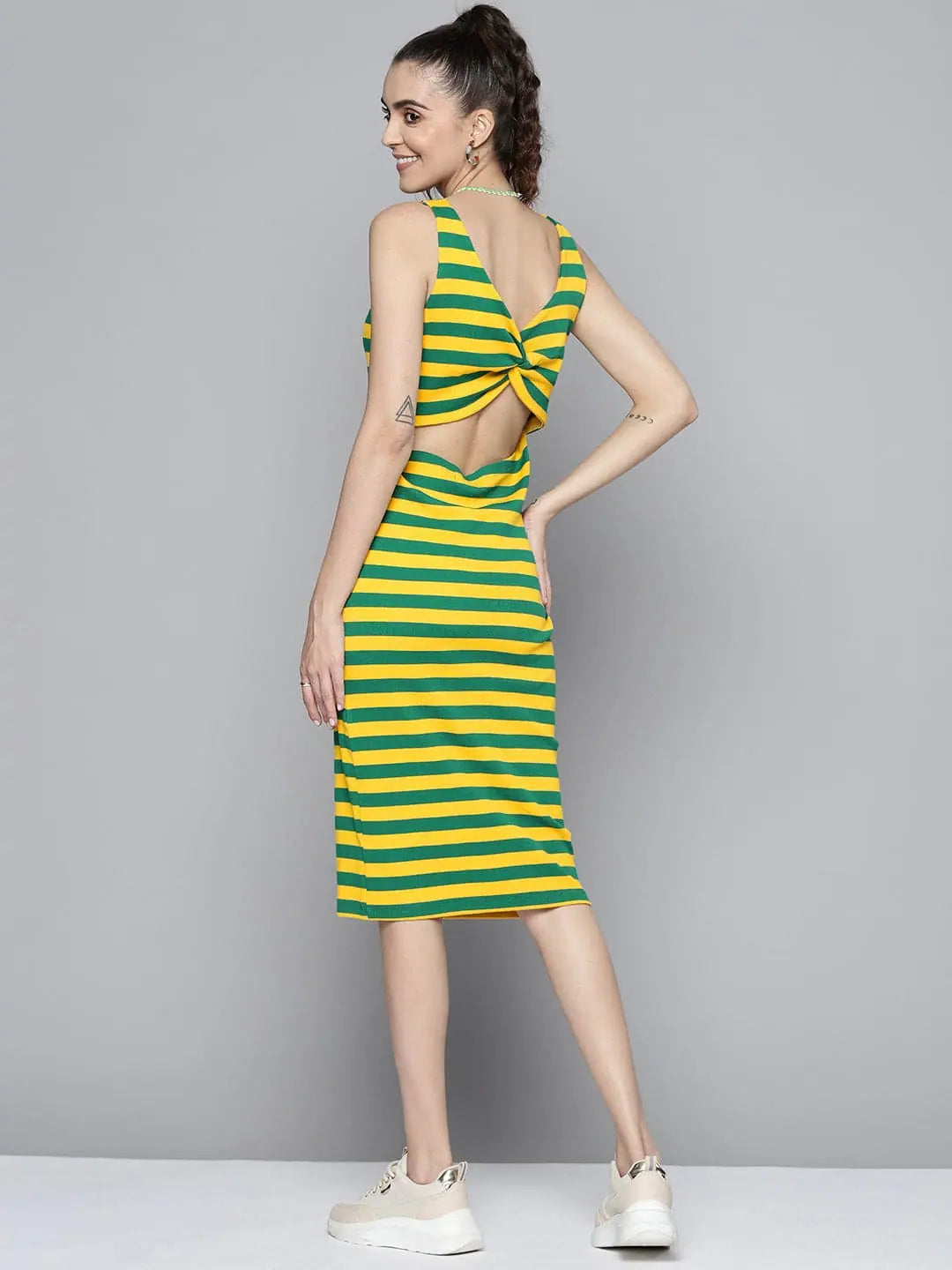 Asymmetric DressWomen Green & Yellow Rib Back Cut Out Bodycon Dress