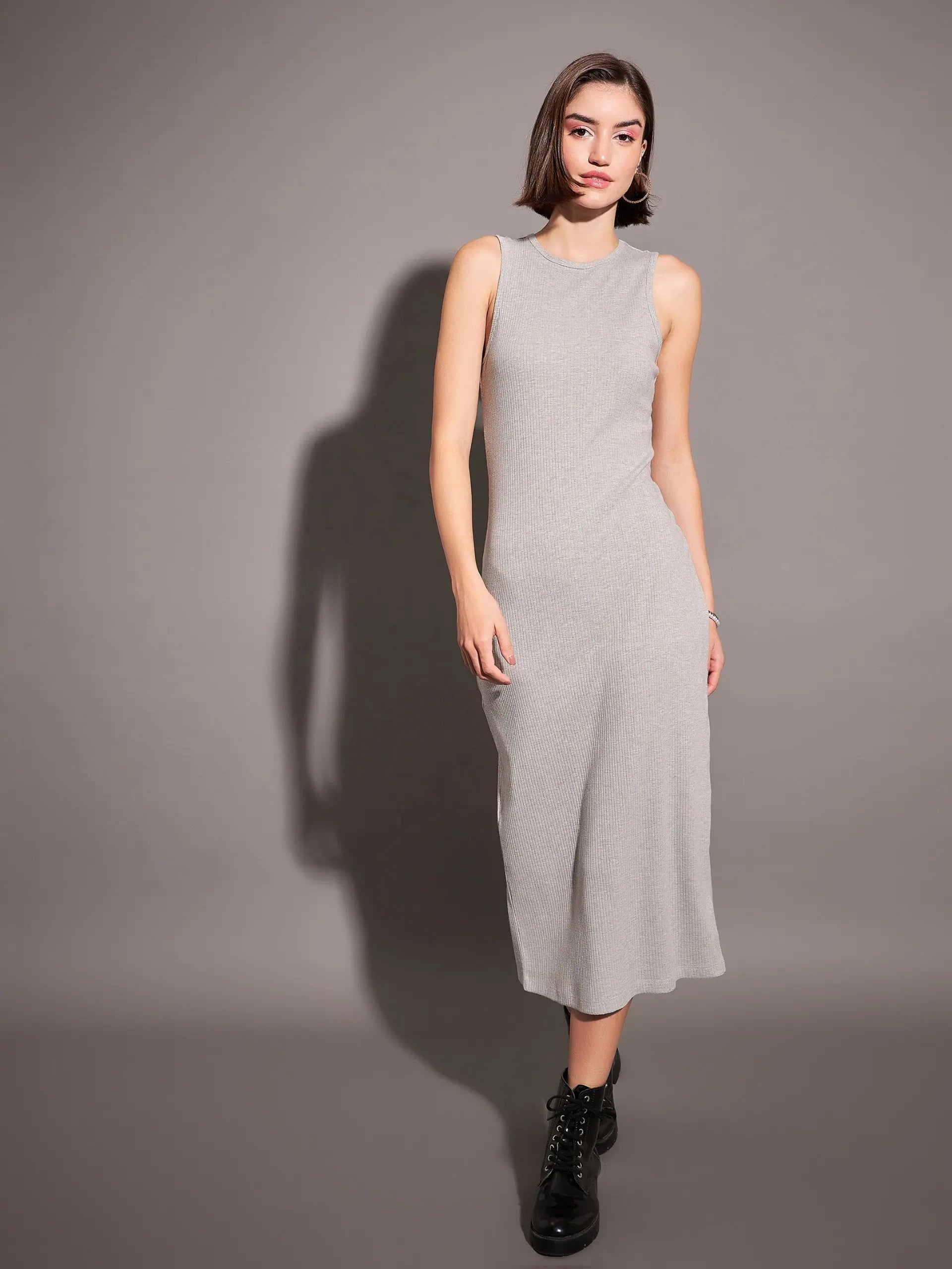 women's breathable dressesWomen Grey Rib Sleeveless Bodycon Dress