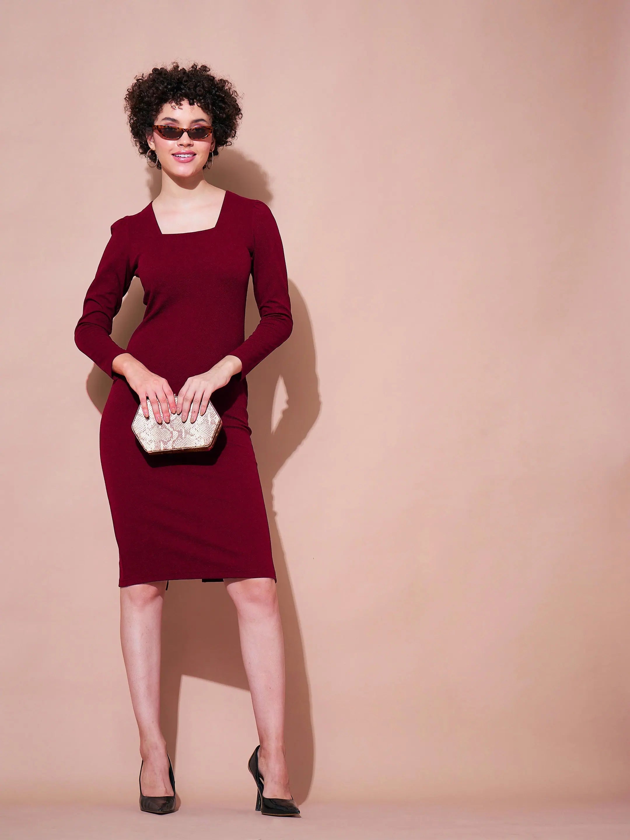 women's smart casual dressesWomen Maroon Square Neck Bodycon Dress