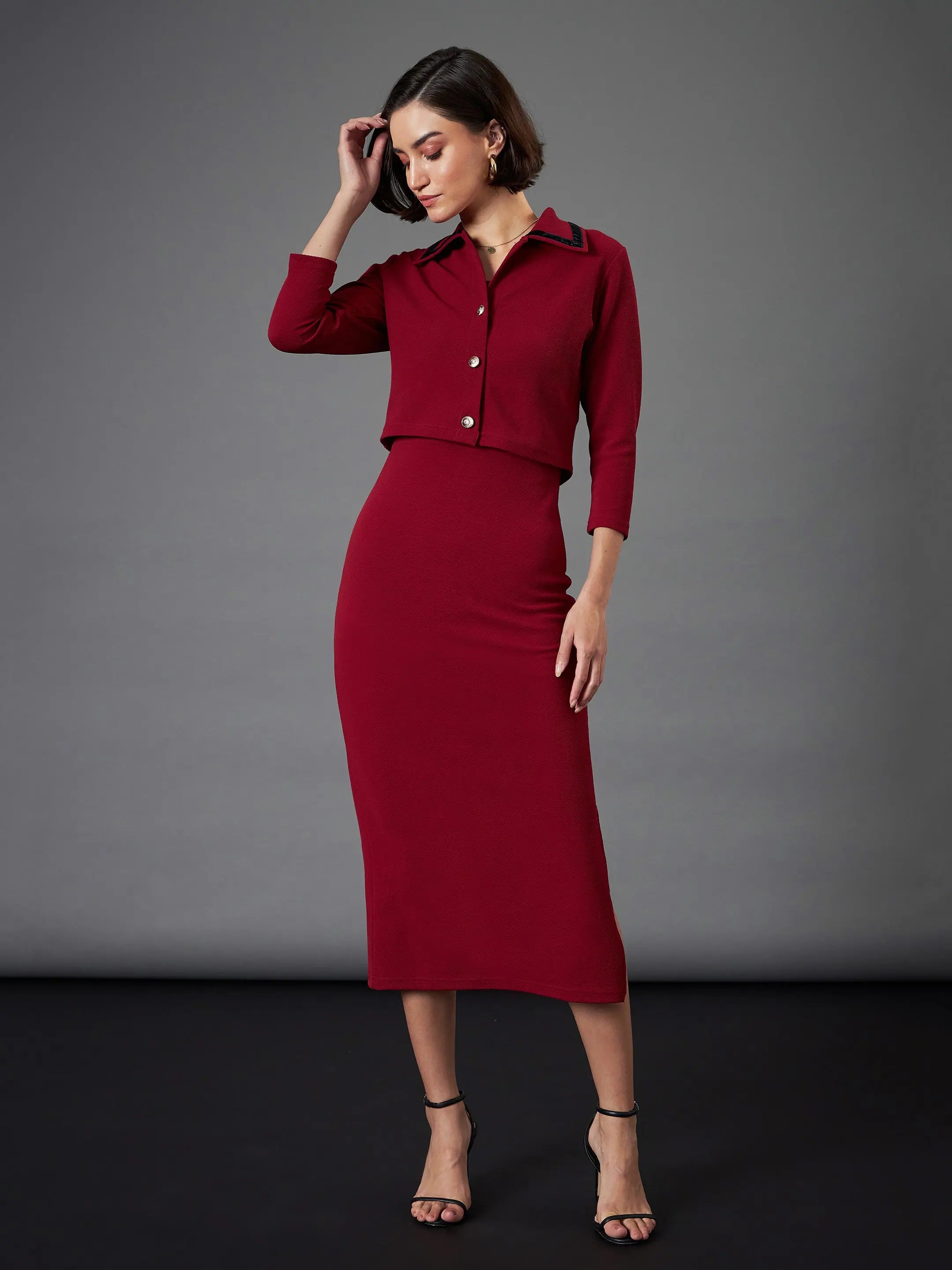 Wrap DressWomen Maroon Strappy Bodycon Dress With Crop Jacket