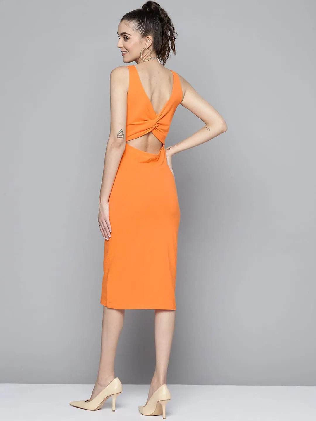 women's ruffle dressesWomen Orange Back Cut-Out Bodycon Dress