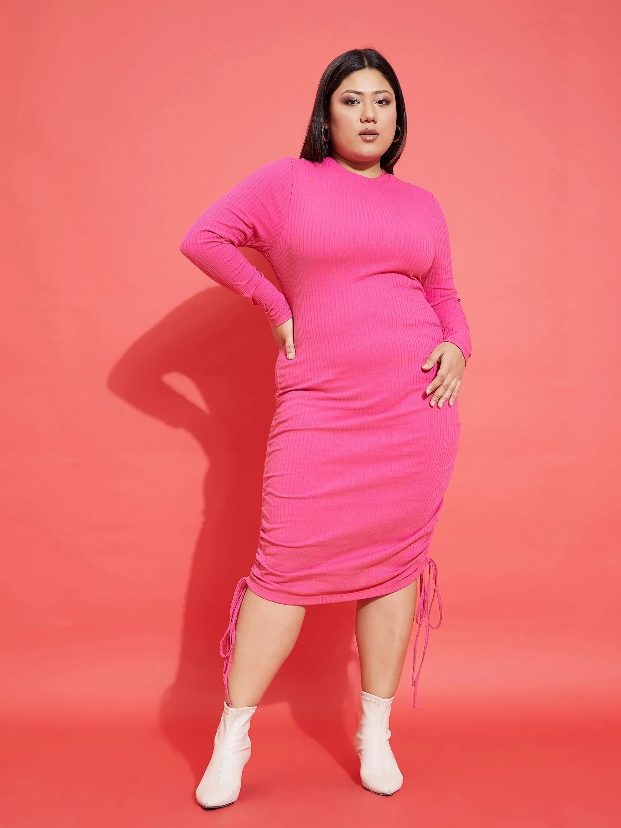 Zipper DressWomen Pink Rib Side Ruching Bodycon Dress