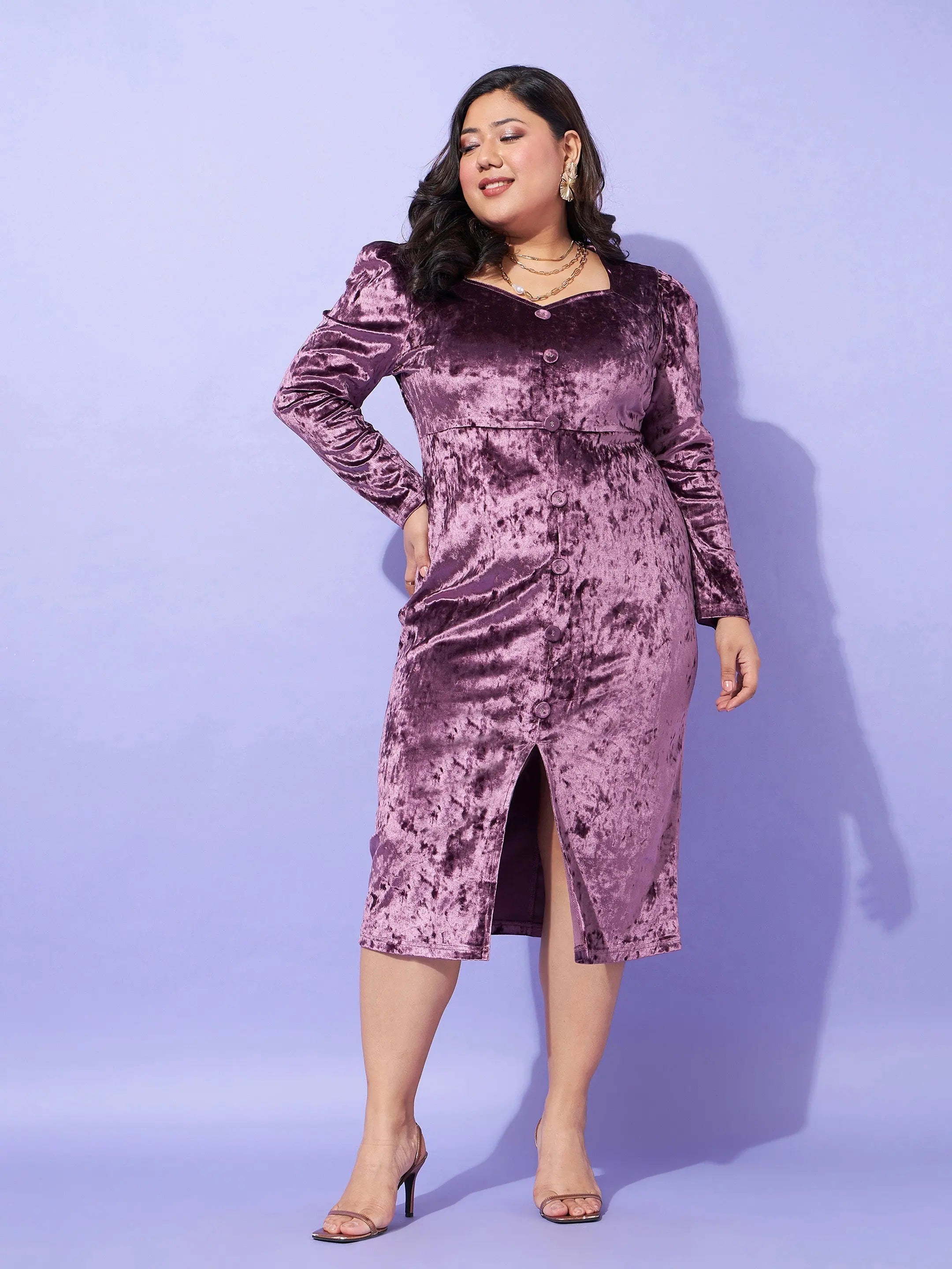 Fit-And-Flare DressWomen Purple Velvet Front Button Bodycon Dress