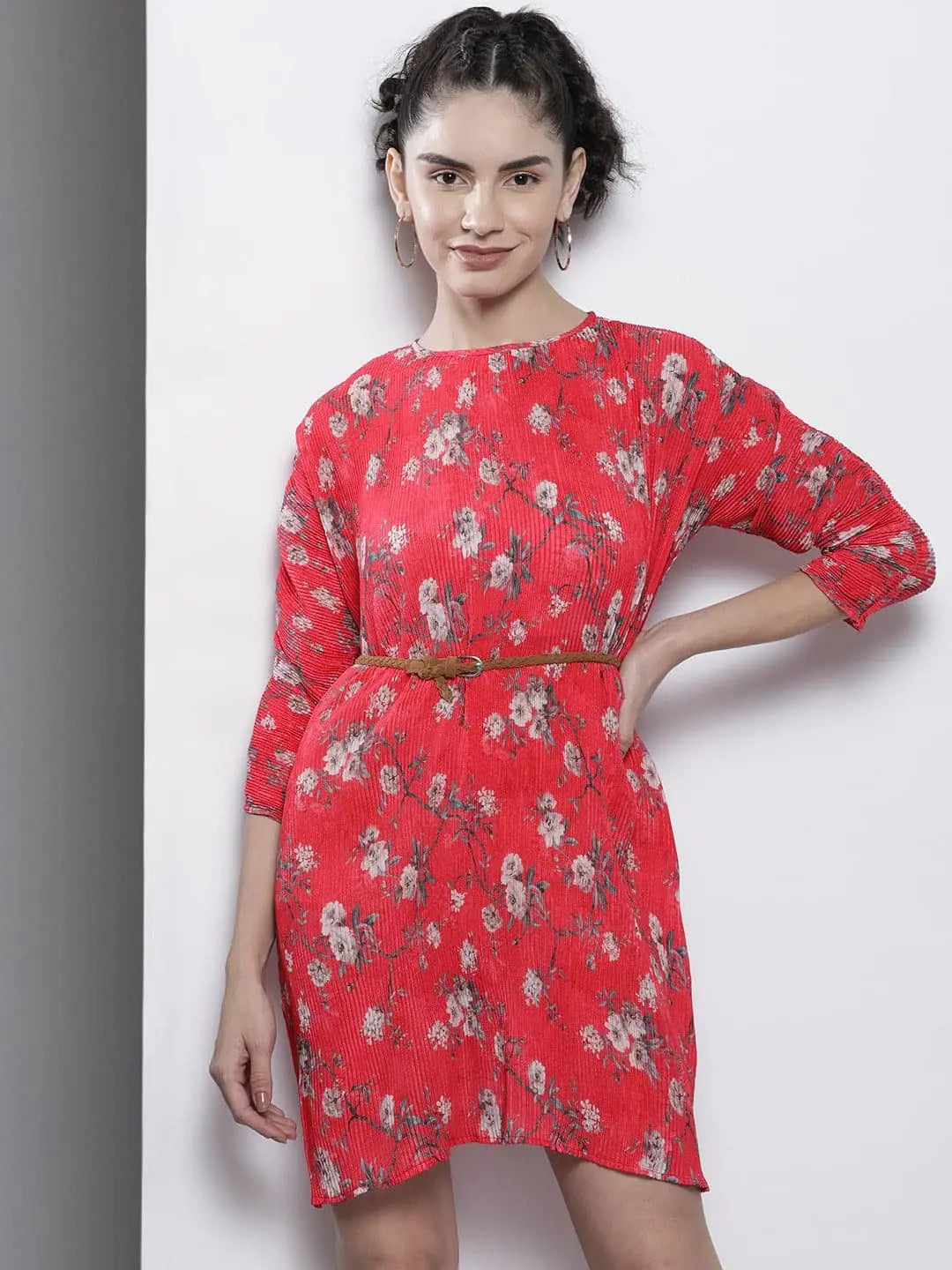 Off-The-Shoulder DressWomen Red Floral Pleated Chinon Bodycon Dress