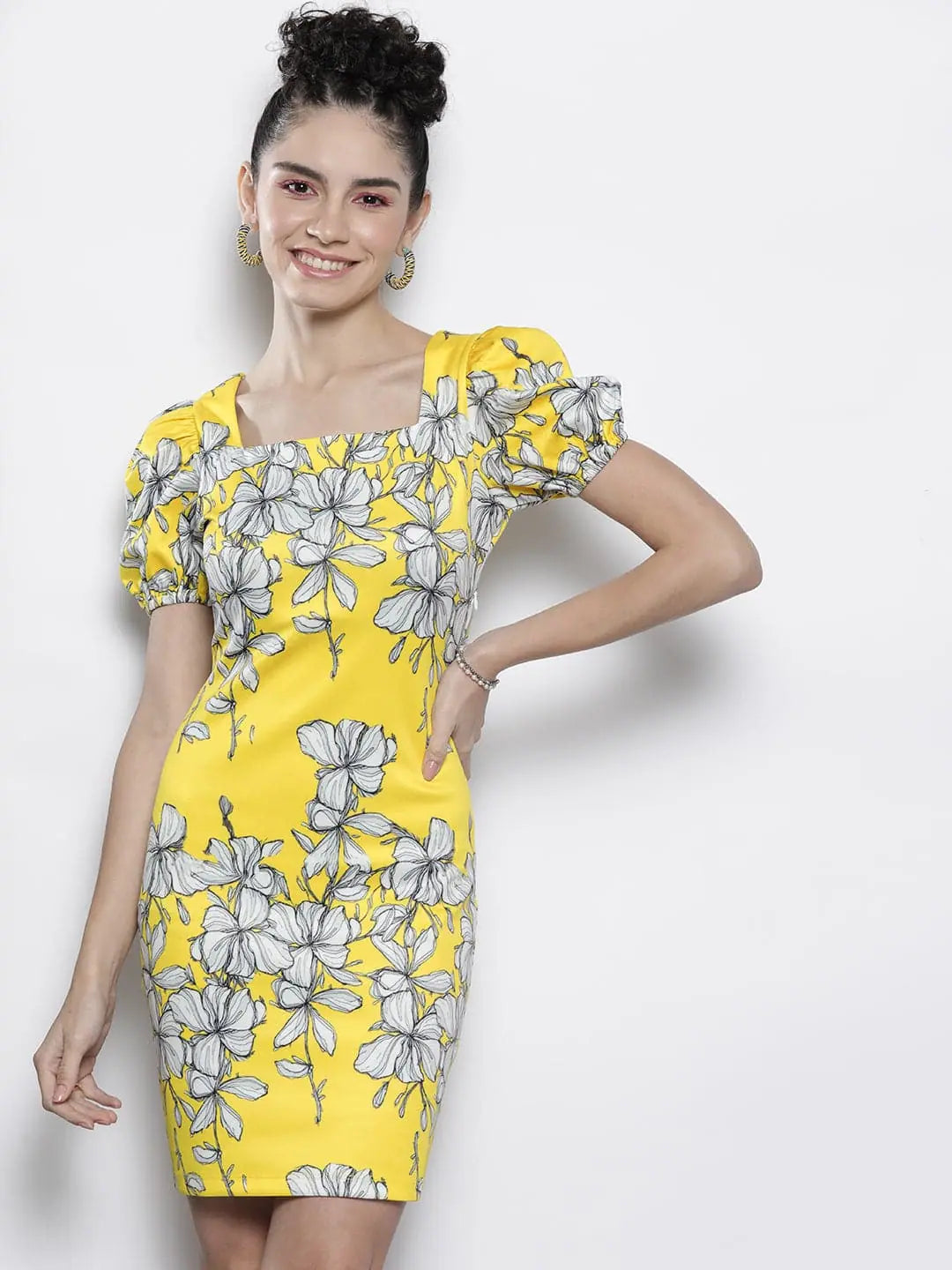 Neon DressWomen Yellow Floral Scuba Bodycon Dress