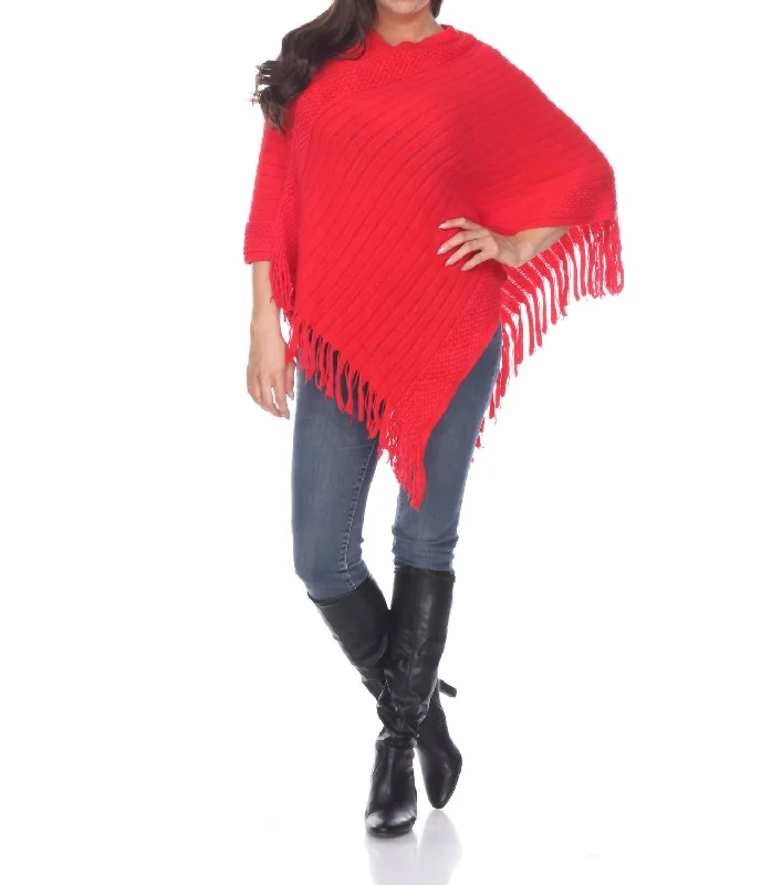 Plus-Size Quick-Dry Soft Knitted SweatersMeera Fringe Poncho In Red