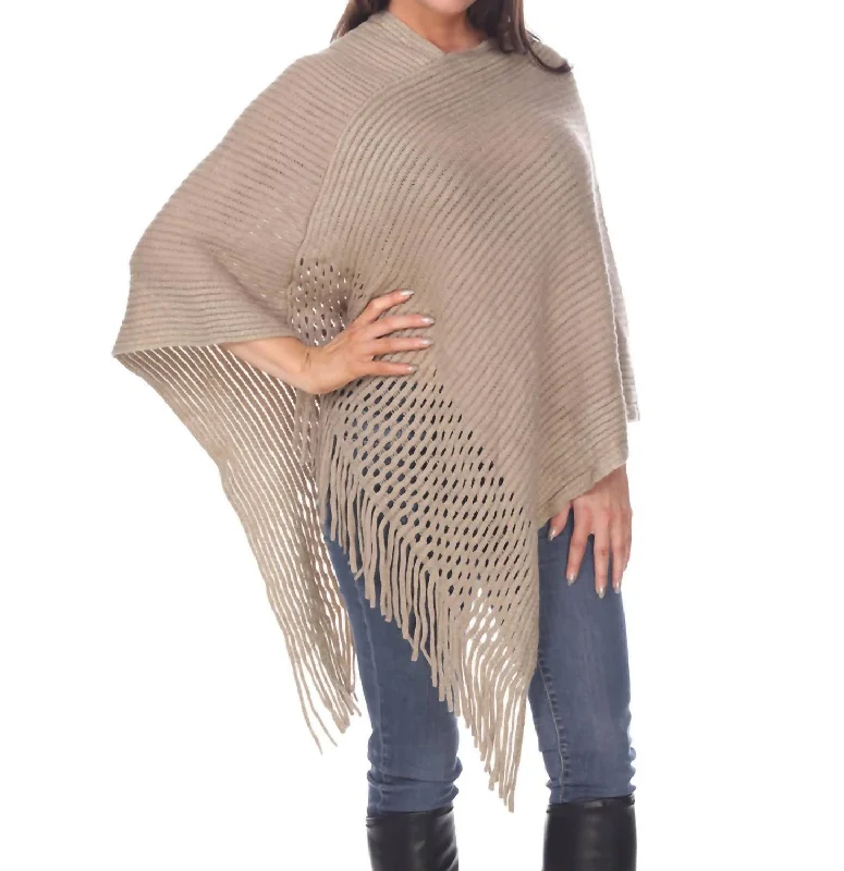 Custom SweatersSansa Gold Knit Fringe Poncho In Beige